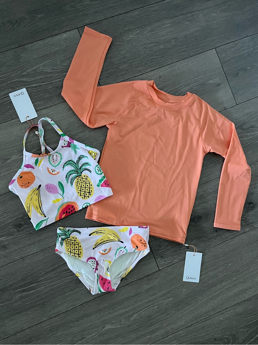 NWT Quince Girls Peach Long-Sleeve Rash Guard Swim Set with Fruit Print Bikini